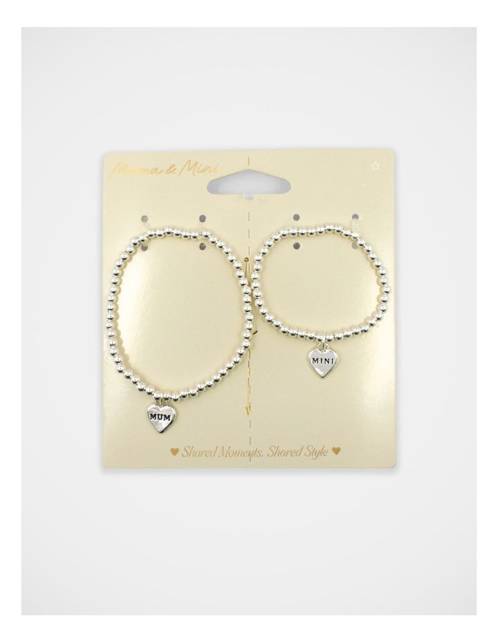 Mamma And Mini Beaded Heart Bracelet Set in Silver