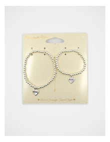 Mamma And Mini Beaded Heart Bracelet Set in Silver