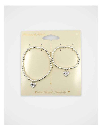 Mamma And Mini Beaded Heart Bracelet Set in Silver