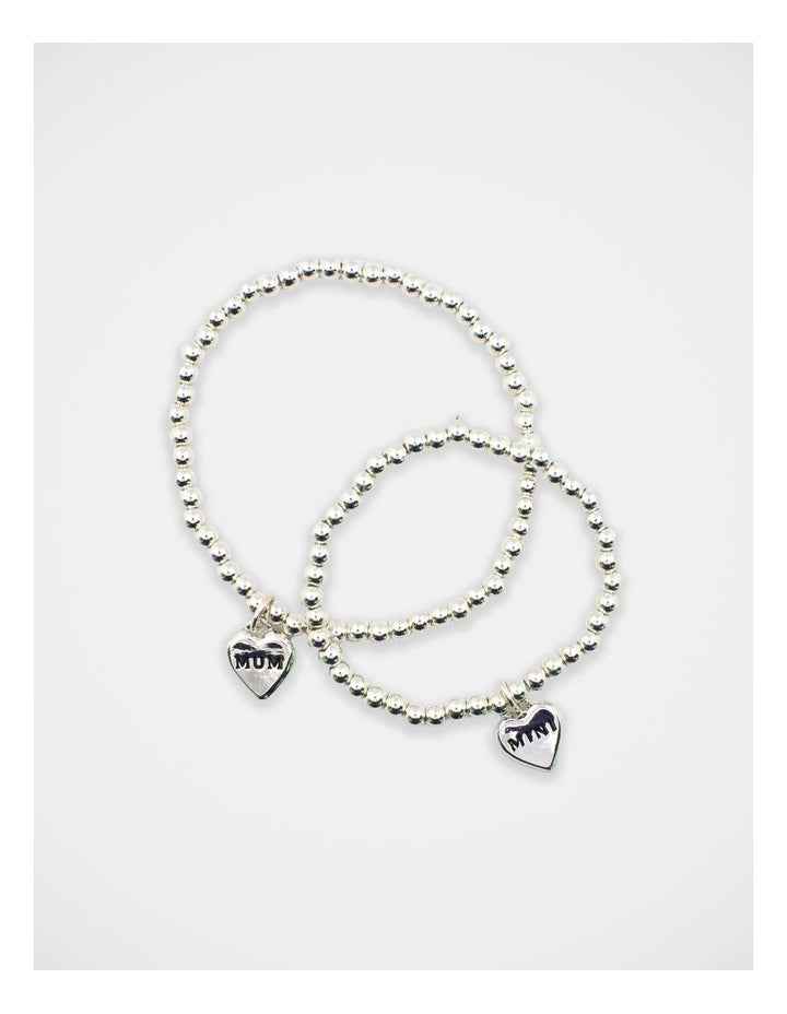 Mamma And Mini Beaded Heart Bracelet Set in Silver