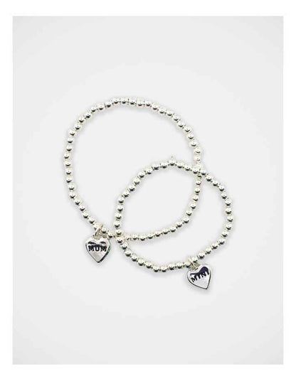 Mamma And Mini Beaded Heart Bracelet Set in Silver