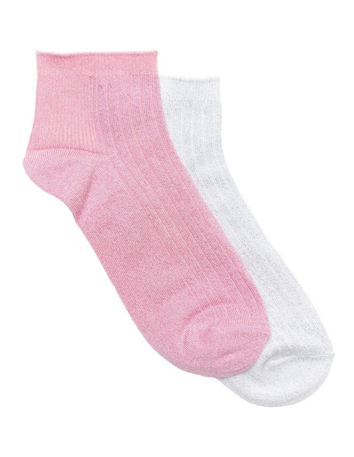 Metallic Rib Quarter Crew Socks 2 Pack in Pink/White