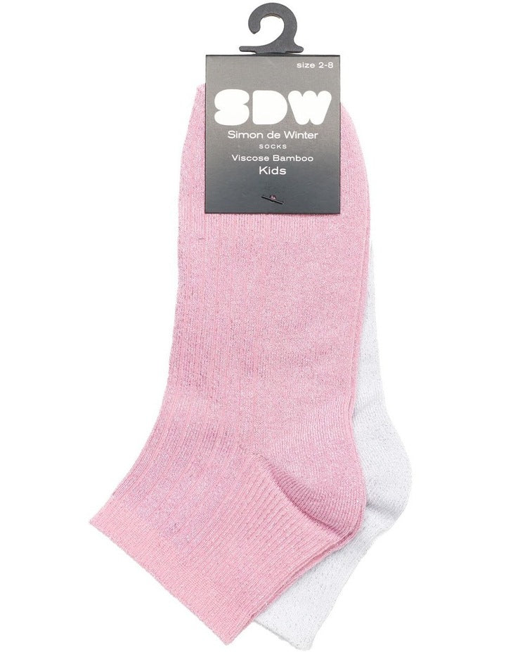Metallic Rib Quarter Crew Socks 2 Pack in Pink/White