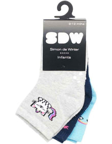 Infants Patterned Crew Socks 3 Pack in Navy/Grey/Aqua