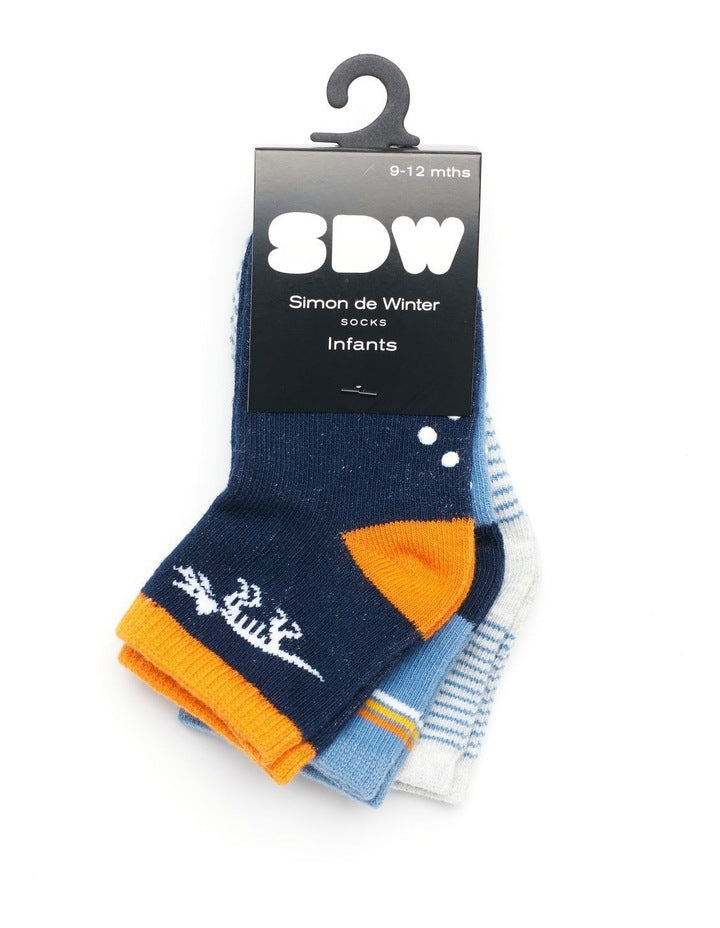 Infants Patterned Crew Socks 3 Pack in Navy/ Grey