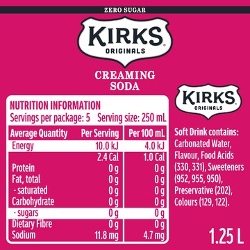 Kirks Sugar Free Creaming Soda Soft Drink Bottle 1.25L