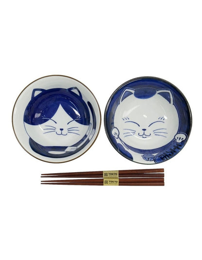Kawaii Neko Bowl With Chopsticks 2 Piece in Multi