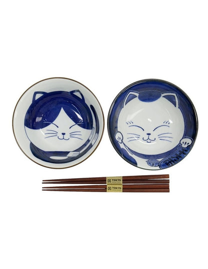 Kawaii Neko Bowl With Chopsticks 2 Piece in Multi