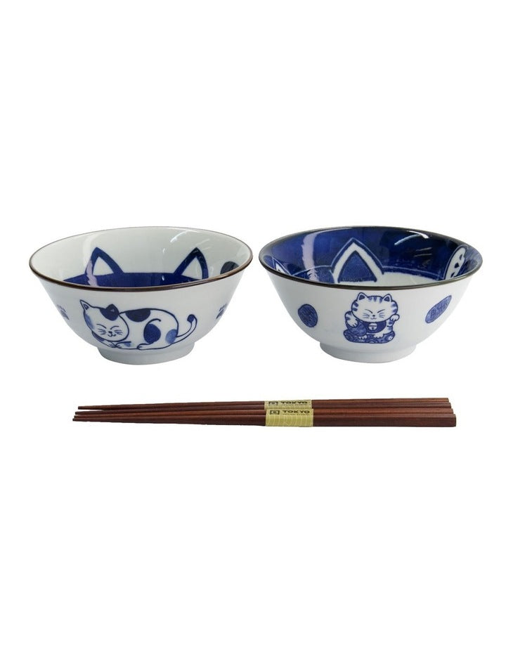 Kawaii Neko Bowl With Chopsticks 2 Piece in Multi