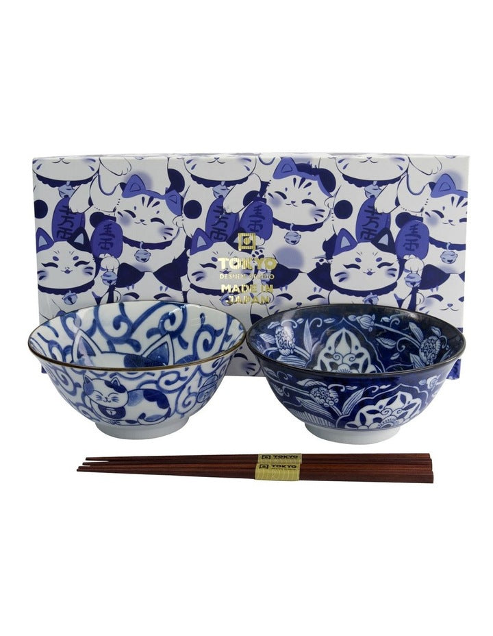Kawaii Neko Bowl With Chopsticks 2 Piece in Multi
