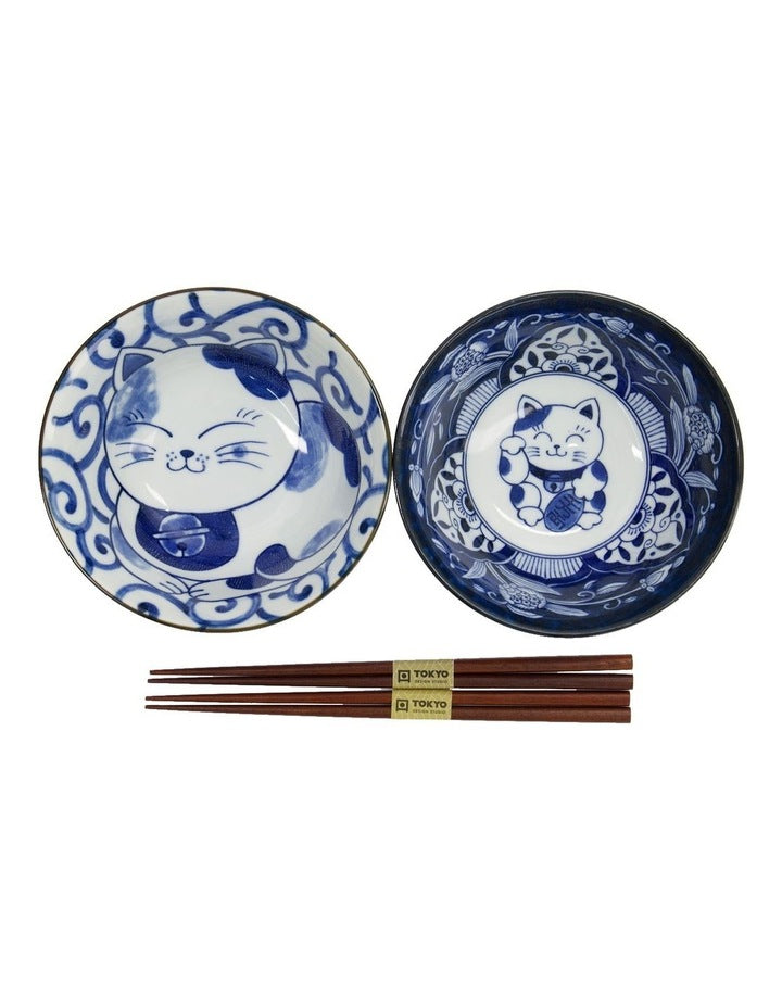 Kawaii Neko Bowl With Chopsticks 2 Piece in Multi