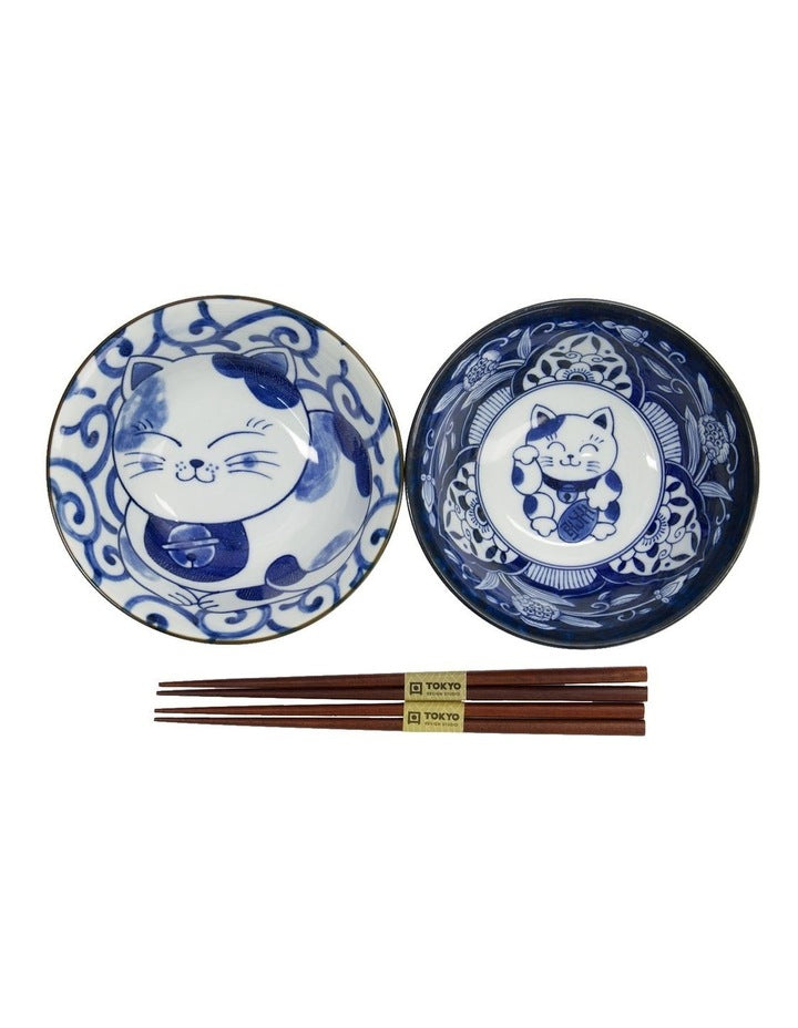 Kawaii Neko Bowl With Chopsticks 2 Piece in Multi