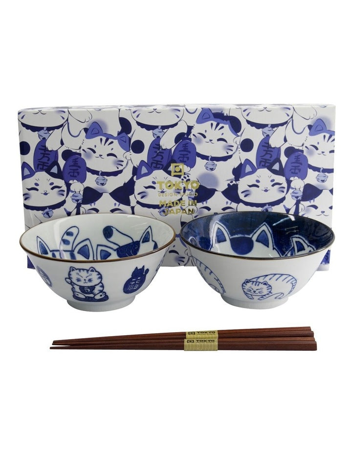 Kawaii Neko Bowl With Chopsticks 2 Piece in Multi