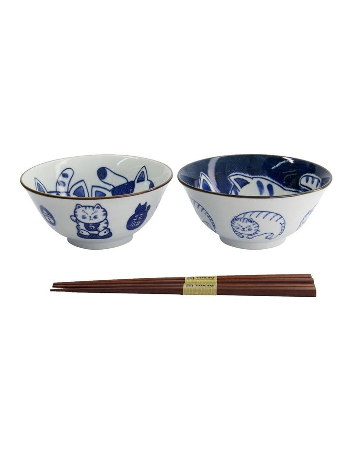 Kawaii Neko Bowl With Chopsticks 2 Piece in Multi