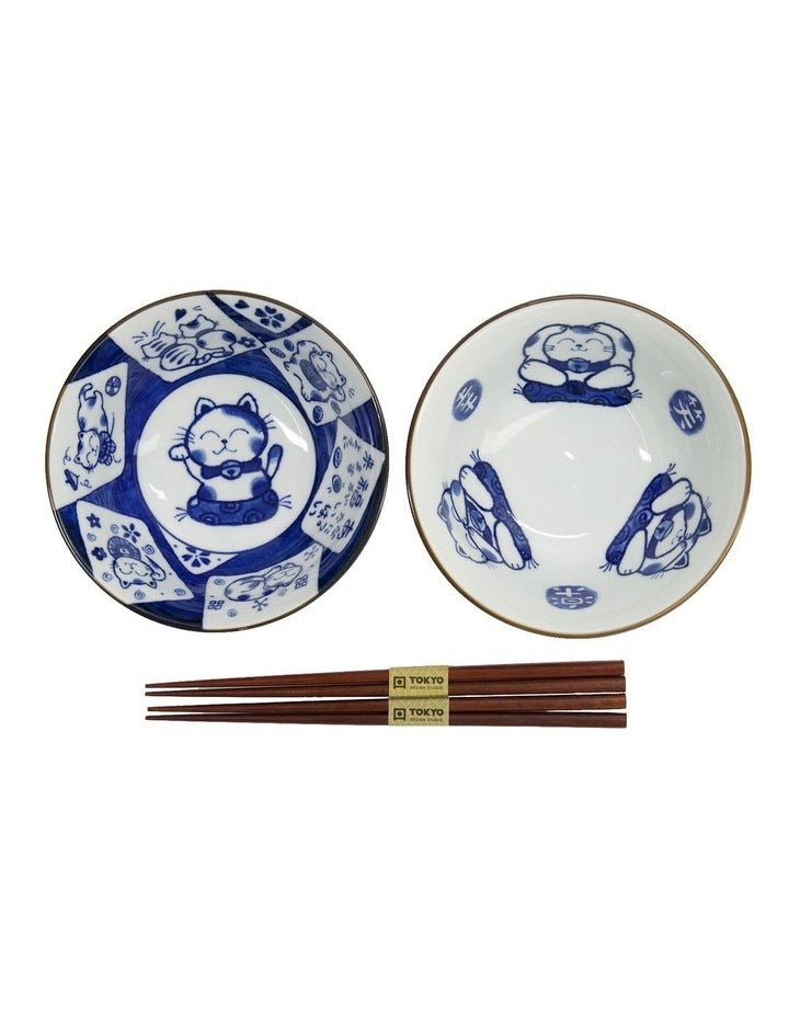 Kawaii Neko Bowl With Chopsticks 2 Piece in Multi