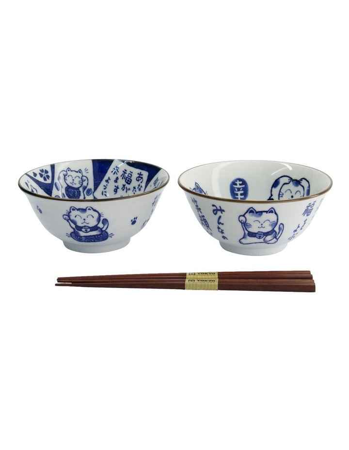 Kawaii Neko Bowl With Chopsticks 2 Piece in Multi