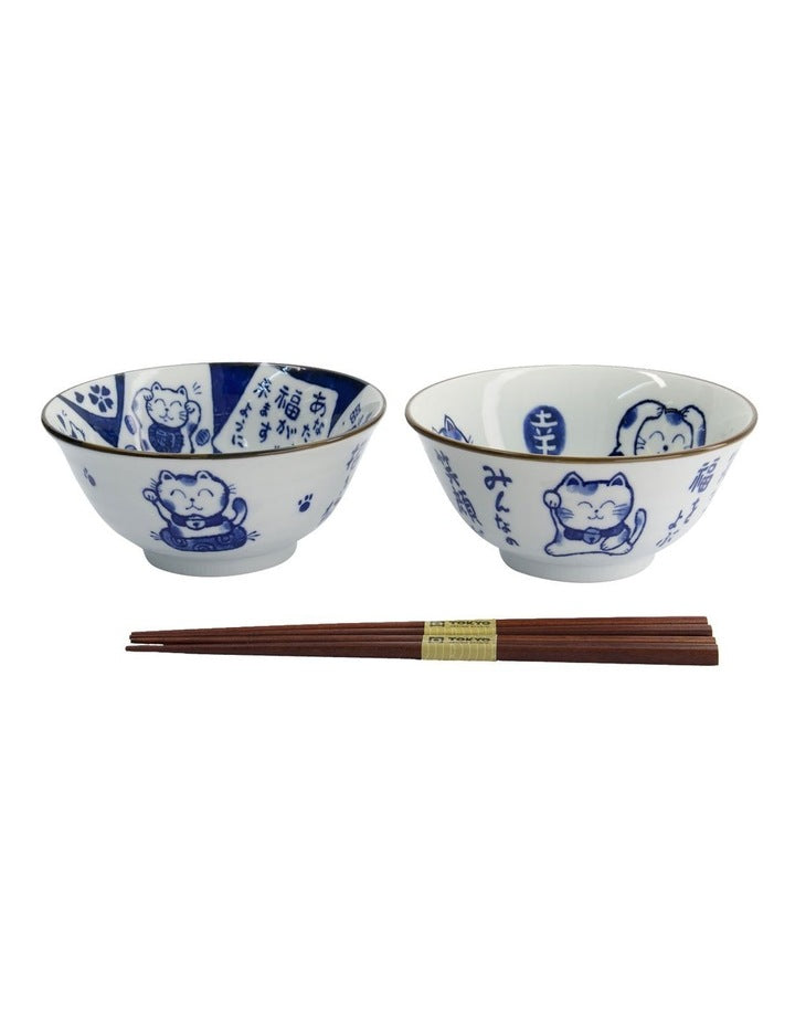 Kawaii Neko Bowl With Chopsticks 2 Piece in Multi