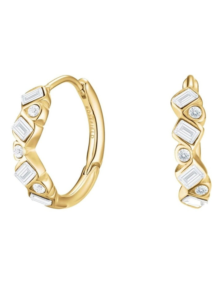 Playful Crystals Baguette And Round Hoop Earrings in Gold