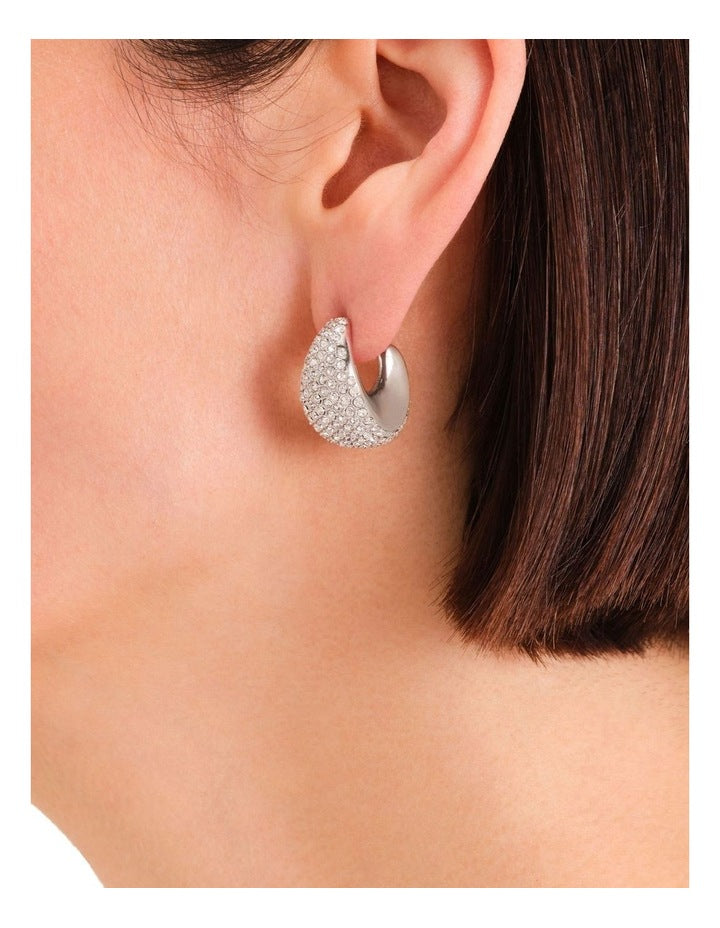 Pav Half Moon Hoop Earrings in Silver-Tone