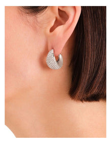 Pav Half Moon Hoop Earrings in Silver-Tone