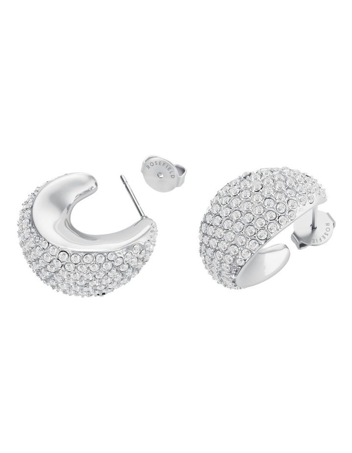 Pav Half Moon Hoop Earrings in Silver-Tone