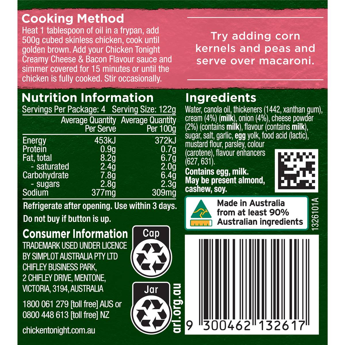 Chicken Tonight Creamy Cheese & Bacon Flavour 490g