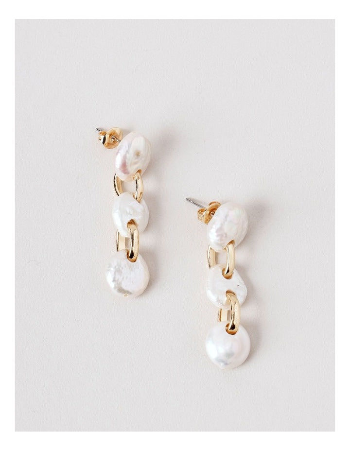 Pearl Link Drop Earrings in Gold