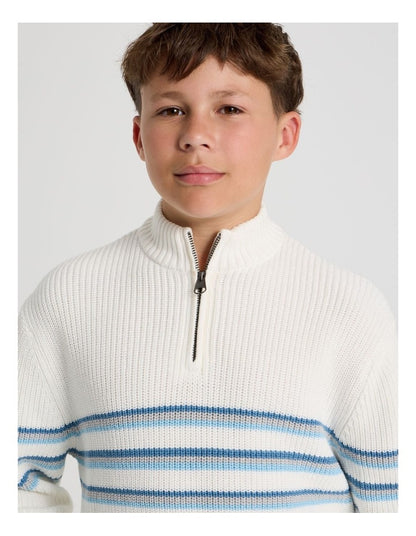 1/4 Zip Knit with Stripe in Ecru