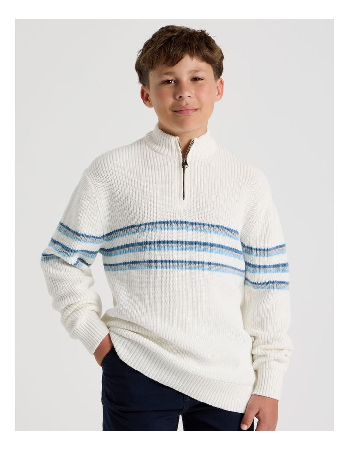 1/4 Zip Knit with Stripe in Ecru