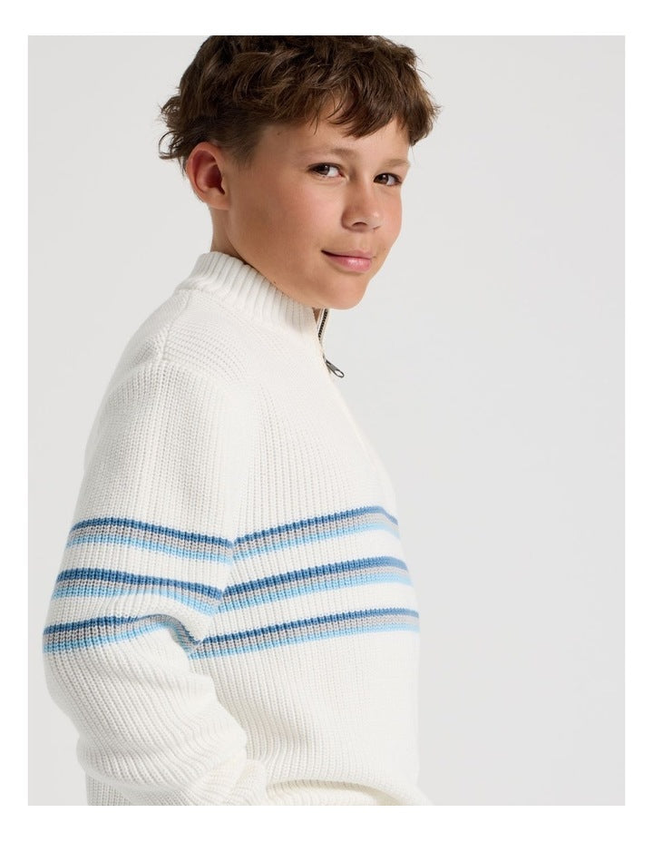 1/4 Zip Knit with Stripe in Ecru