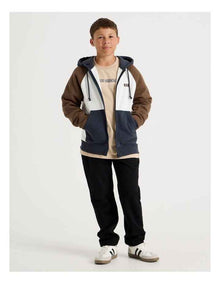 Splice Zip Thru Hood in White Navy and Brown