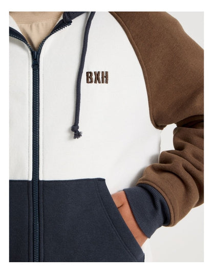 Splice Zip Thru Hood in White Navy and Brown