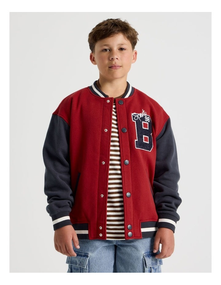 Fleece College Bomber Jacket in Navy and Burgundy
