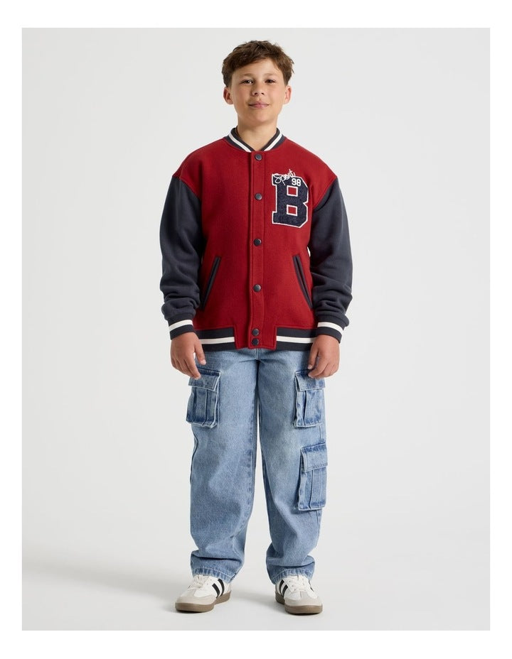 Fleece College Bomber Jacket in Navy and Burgundy
