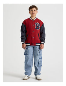 Fleece College Bomber Jacket in Navy and Burgundy