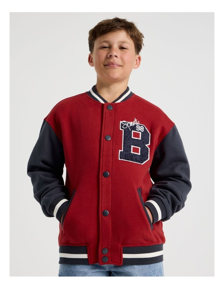 Fleece College Bomber Jacket in Navy and Burgundy