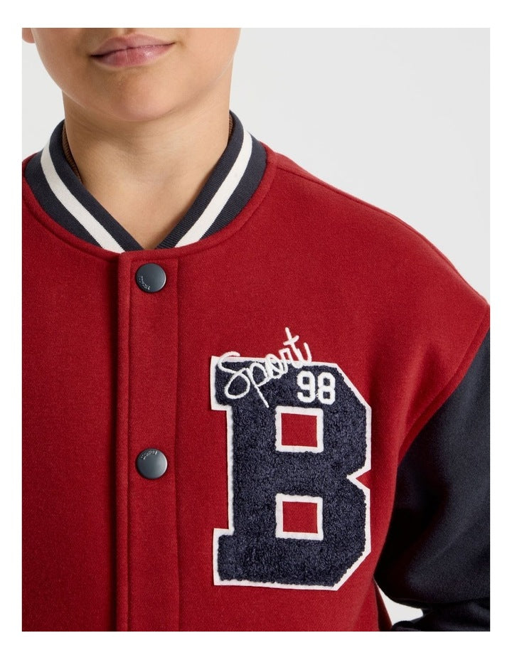 Fleece College Bomber Jacket in Navy and Burgundy
