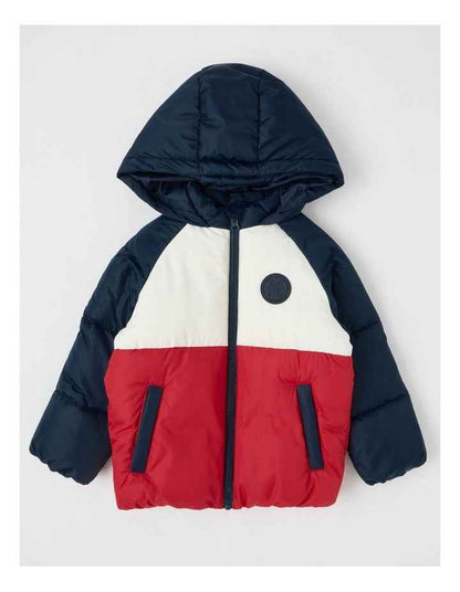 Recycled Puffer Jacket in Navy Red & White