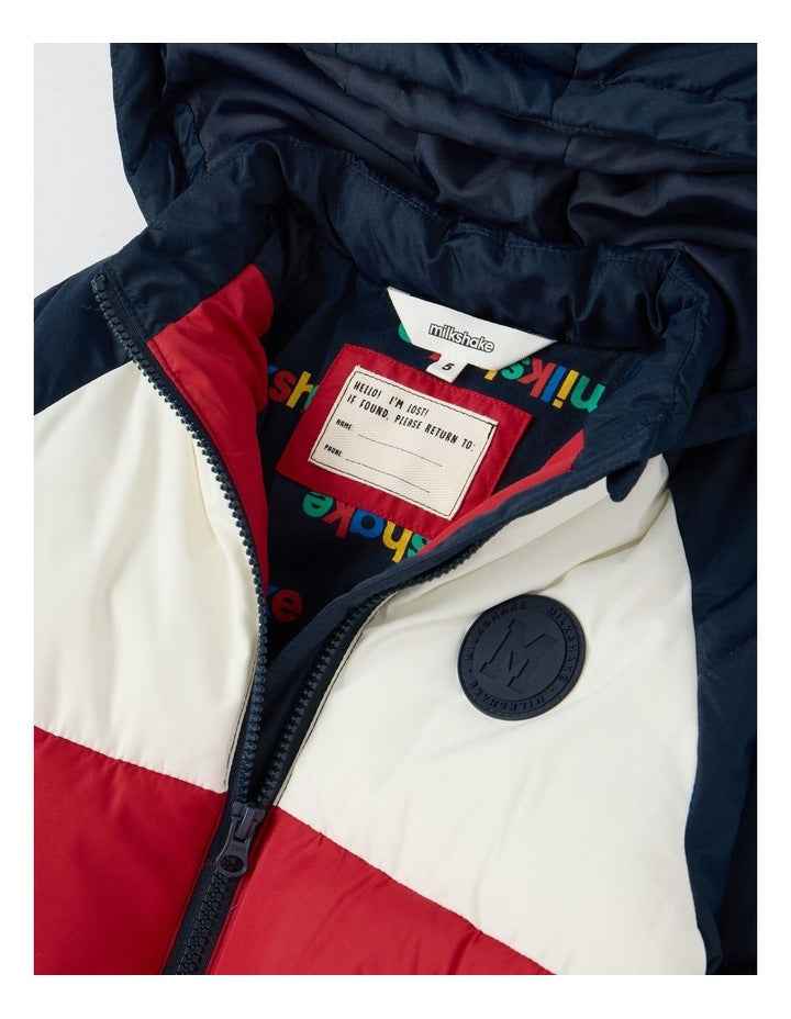 Recycled Puffer Jacket in Navy Red & White