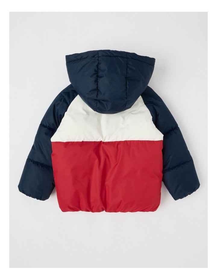 Recycled Puffer Jacket in Navy Red & White