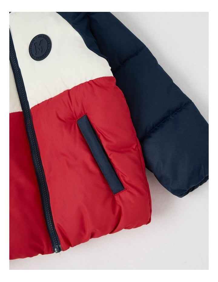 Recycled Puffer Jacket in Navy Red & White