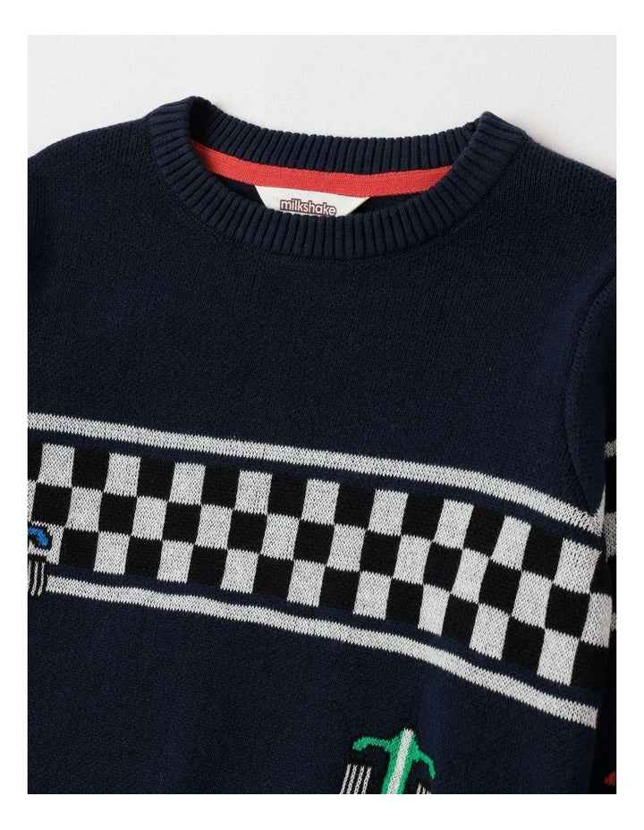 Knitted Jacquard Crew Neck Jumper in Race Cars/ Navy