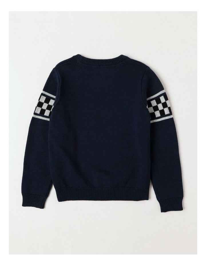 Knitted Jacquard Crew Neck Jumper in Race Cars/ Navy