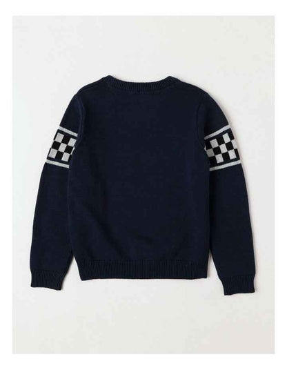 Knitted Jacquard Crew Neck Jumper in Race Cars/ Navy