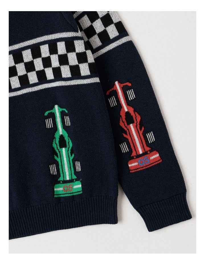 Knitted Jacquard Crew Neck Jumper in Race Cars/ Navy