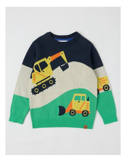 Knitted Jacquard Crew Neck Jumper in Diggers Green & Navy