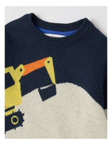 Knitted Jacquard Crew Neck Jumper in Diggers Green & Navy