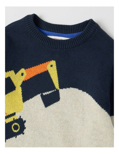 Knitted Jacquard Crew Neck Jumper in Diggers Green & Navy