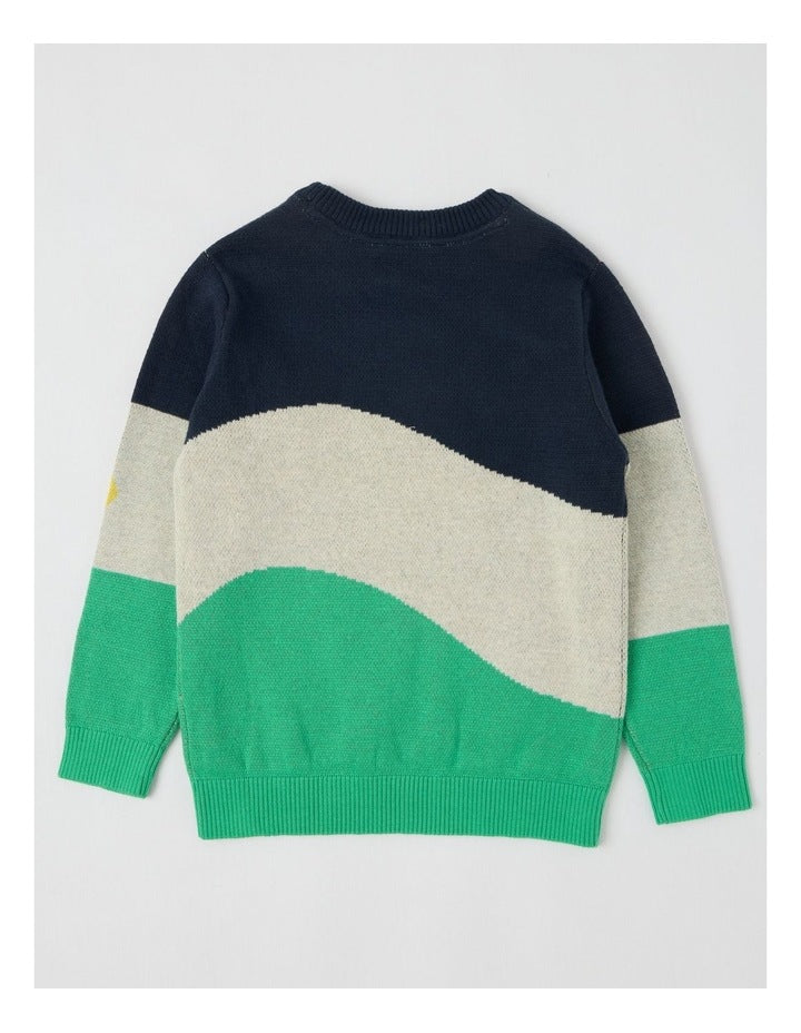 Knitted Jacquard Crew Neck Jumper in Diggers Green & Navy