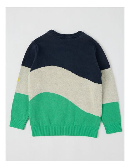 Knitted Jacquard Crew Neck Jumper in Diggers Green & Navy